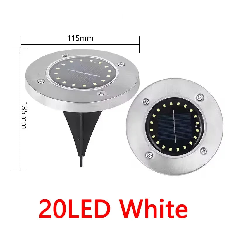 Solar-powered outdoor light with dimensions and '20LED White' text on a white background