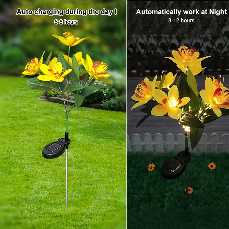 Solar-powered decorative flowers with charging and working times indicated.