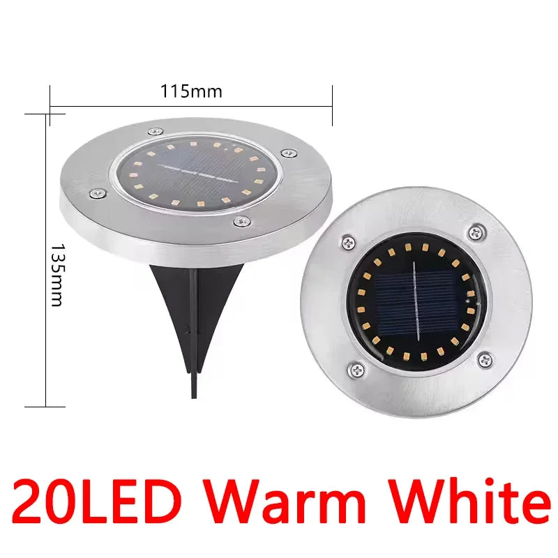 Solar-powered outdoor light with dimensions and '20LED Warm White' text on a white background