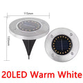 Solar-powered outdoor light with dimensions and '20LED Warm White' text on a white background