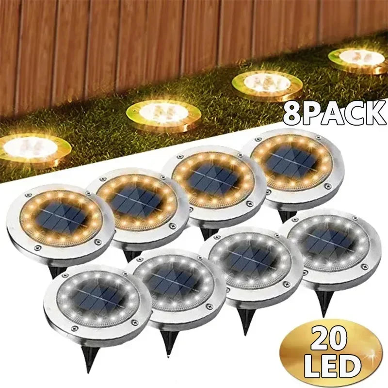 Set of 8 solar-powered outdoor lights with 20 LED lights each, placed on grass.