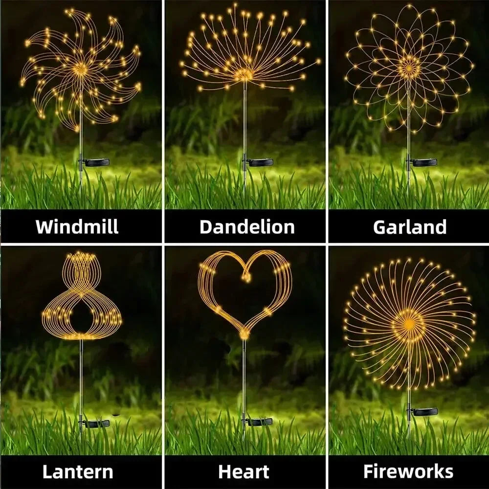 Set of six decorative LED lights in different shapes on grass with labels underneath.