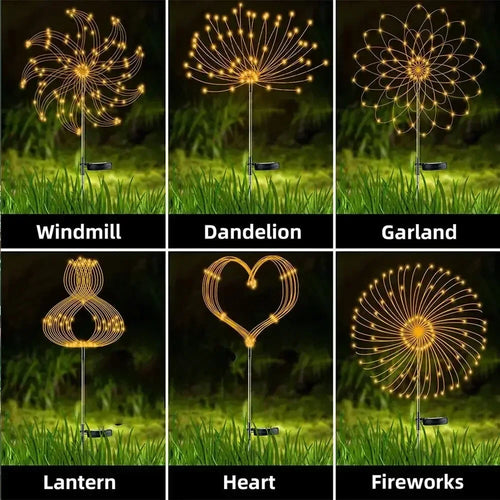 Set of six decorative LED lights in different shapes on grass with labels underneath.
