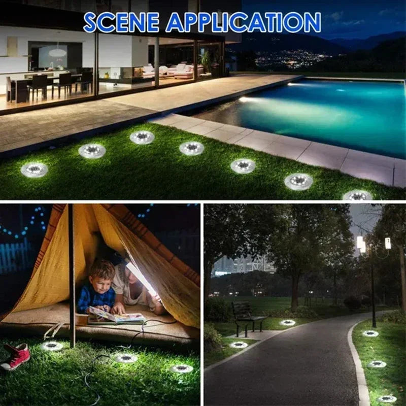 Outdoor lighting fixtures in various settings including a pool area, under a tent, and on a pathway.