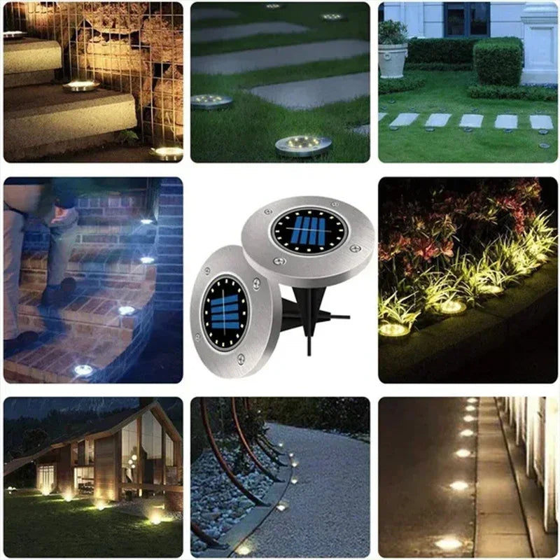 Collage of solar-powered outdoor lights in various settings