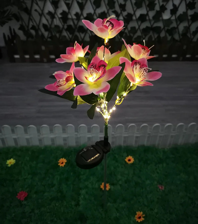 Solar-powered flower light with pink flowers on a grassy area.