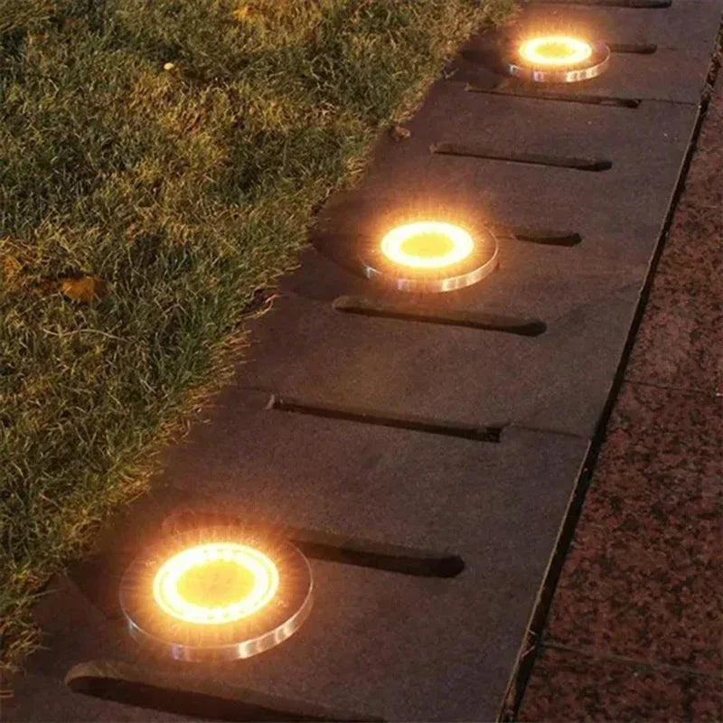 Solar-powered pathway lights embedded in a concrete path next to grass.