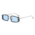 Sunglasses with black frames and blue lenses on a white background