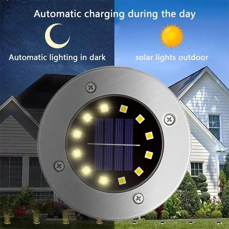 Solar-powered outdoor light with text indicating automatic charging during the day and lighting in the dark, set against a house and garden background.