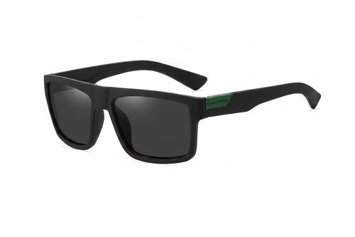 Black sunglasses with a green logo on a white background