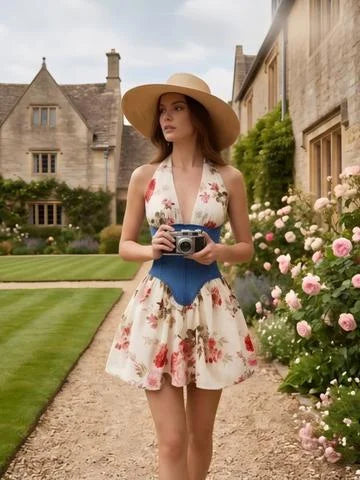 A woman stands on a garden path wearing a straw hat and a sleeveless floral dress with a blue waist detail, holding a vintage camera. Stone cottages and pink roses are visible in the background.