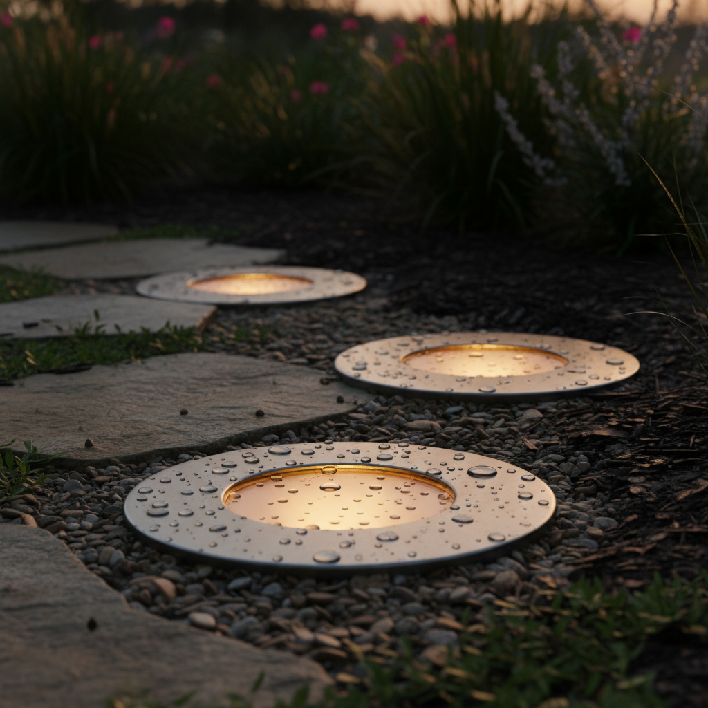 Close-up of stainless steel solar pathway disk lights showing weatherproof finish